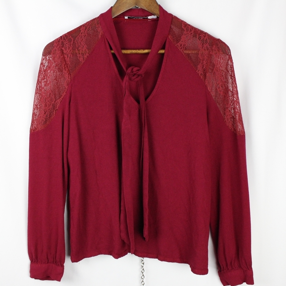 Justfab Burgandy, Lace Shoulder, Tie Neck Blouse